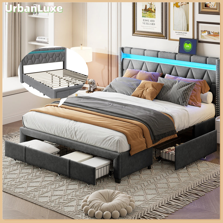 Urban Luxe Bed 140x200 Slatted Frame With Four Drawers