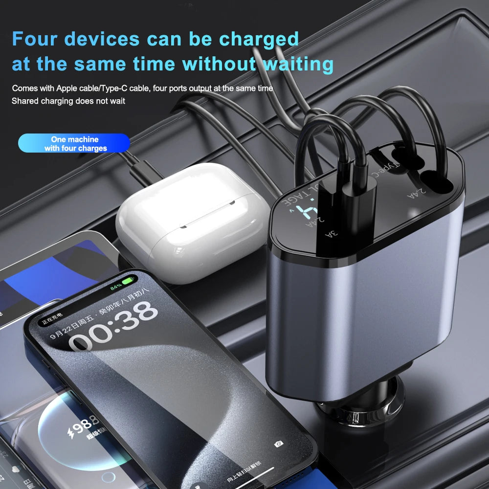 4 in 1 Retractable Car Charger Wired 120W &ndash; Super Fast Charging for Multiple Devices