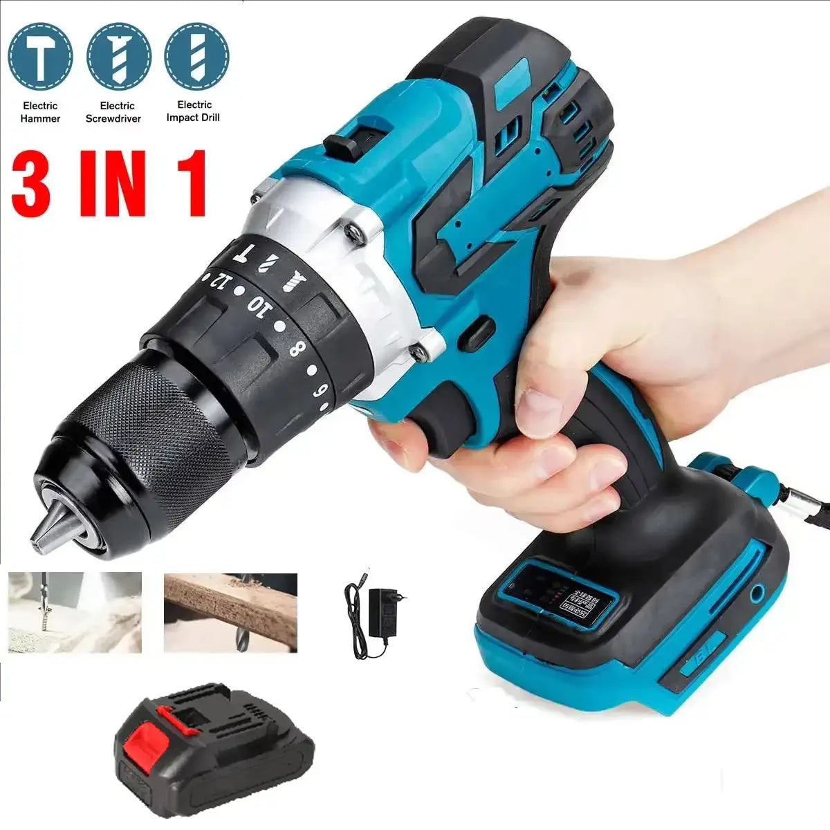 3 In 1 Impact Drill Hammer Screwdriver 520 Nm 4000 RPM With 1XBattery / france