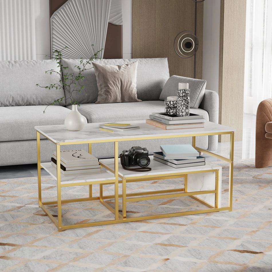 Urban Luxe White Marble Slab Coffee Table Gold Legs 105cm