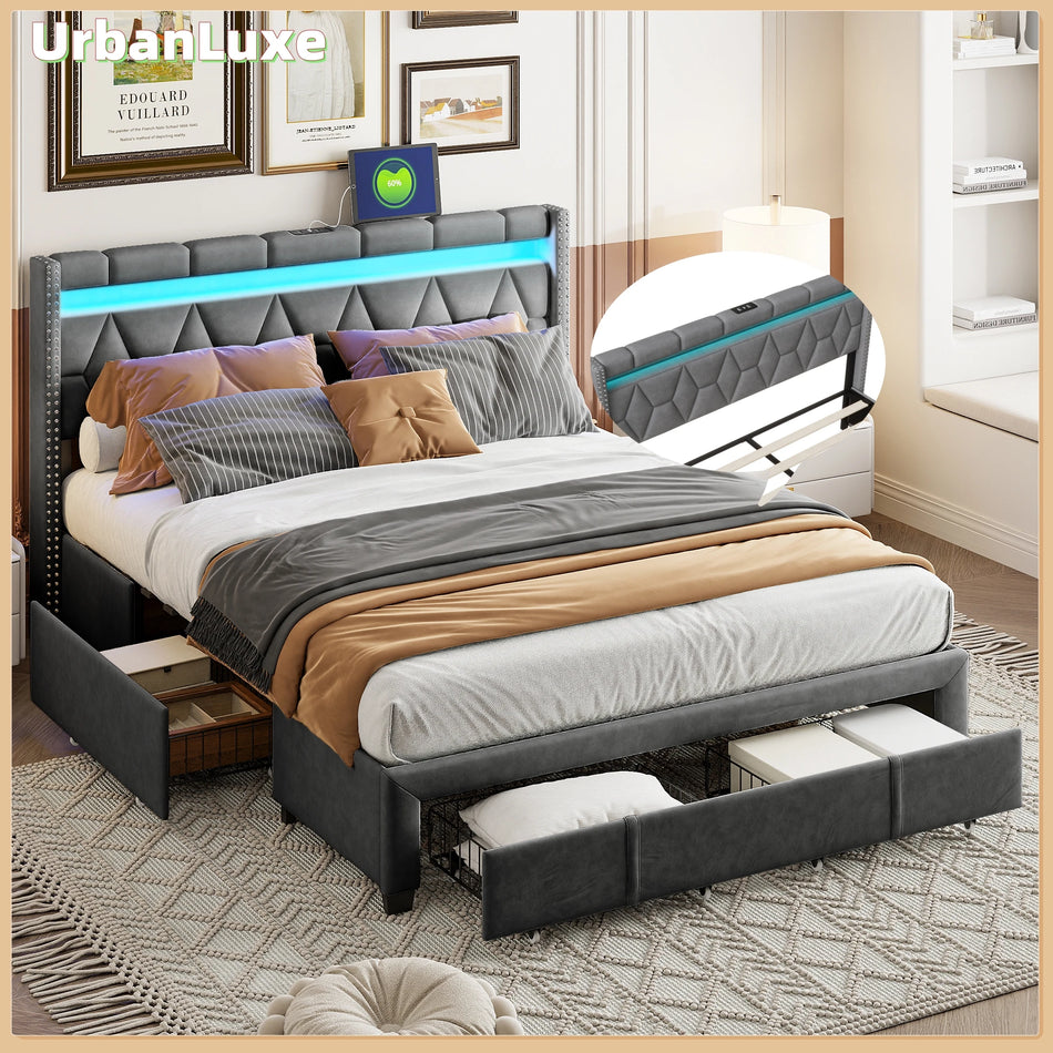 Urban Luxe Postelja 160x200 Letveno Okvir Shranjevanje Predali LED USB