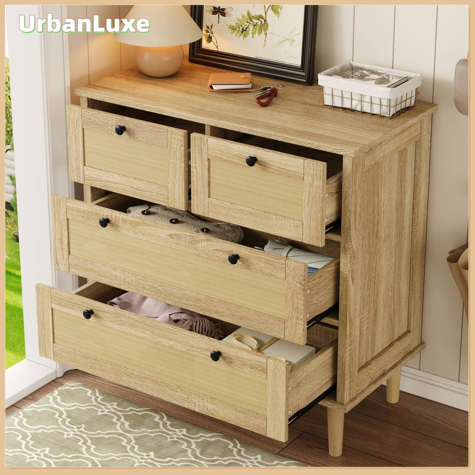 Urban Luxe Sideboard 4 Drawers With Rattan Fronts Solid Wood Legs