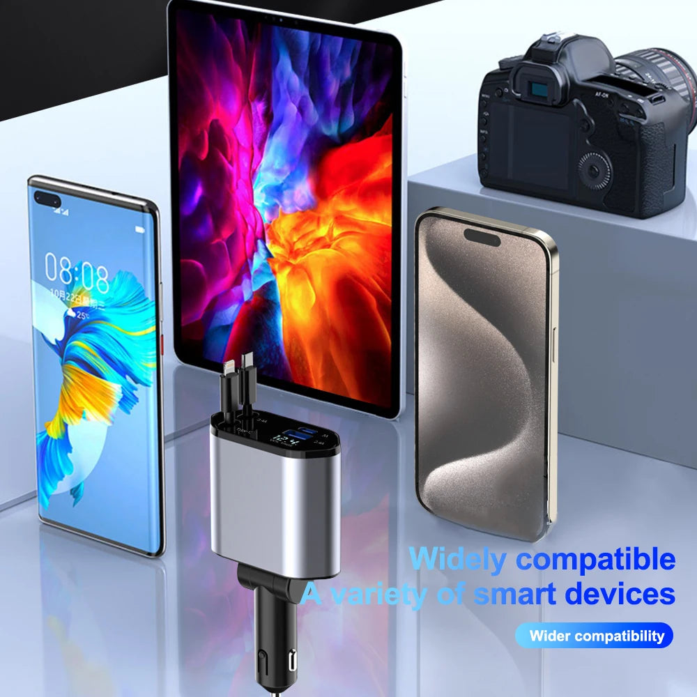 4 in 1 Retractable Car Charger Wired 120W &ndash; Super Fast Charging for Multiple Devices