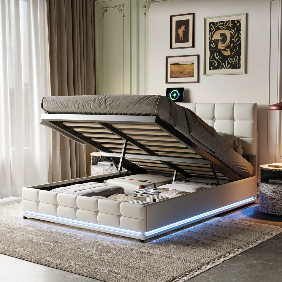 Urban Luxe Leather White 140x200 Slatted Bed Frame With LED