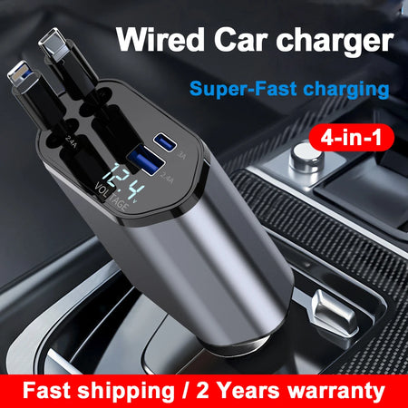4 in 1 Retractable Car Charger Wired 120W &ndash; Super Fast Charging for Multiple Devices