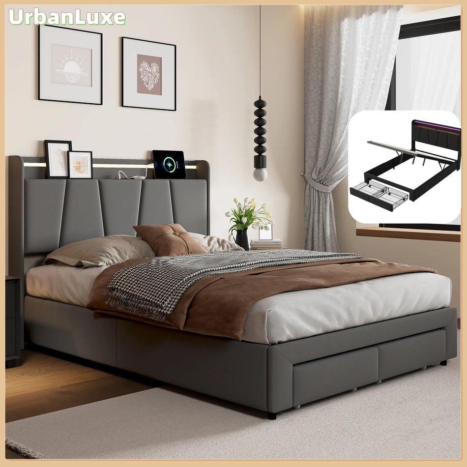 Urban Luxe Bed 140x190 cm With 2 Drawers LED Light Bar USB
