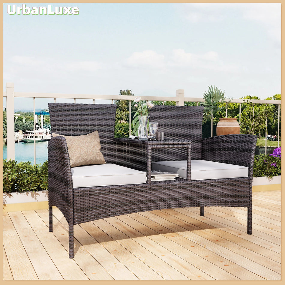 Urban Luxe White Cushioned Garden Sofa Set With Rattan Table