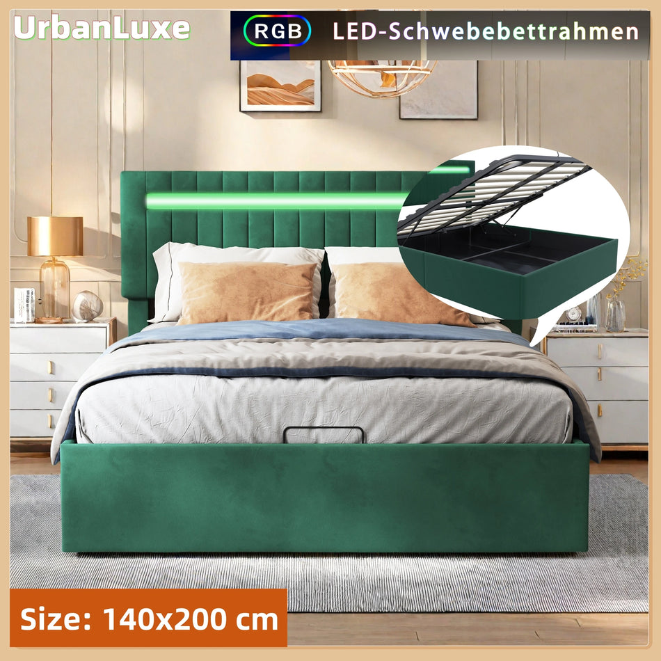 Urban Luxe Upholstery Bed 140x200 Green Velvet LED Storage