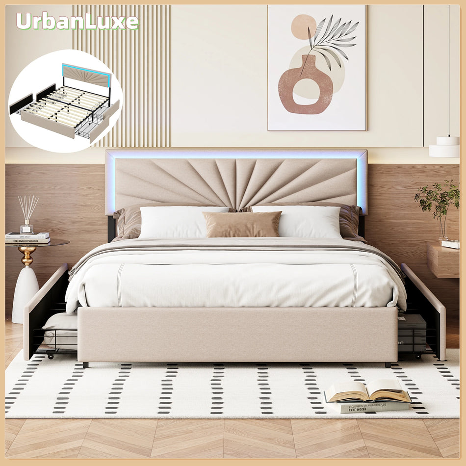 Urban Luxe Bed Rack 140x200cm With 4 Drawers Led Light Strip