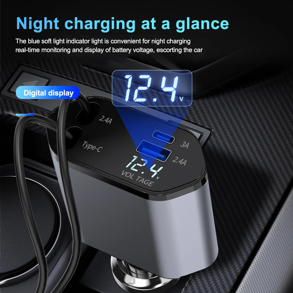 4 in 1 Retractable Car Charger Wired 120W &ndash; Super Fast Charging for Multiple Devices