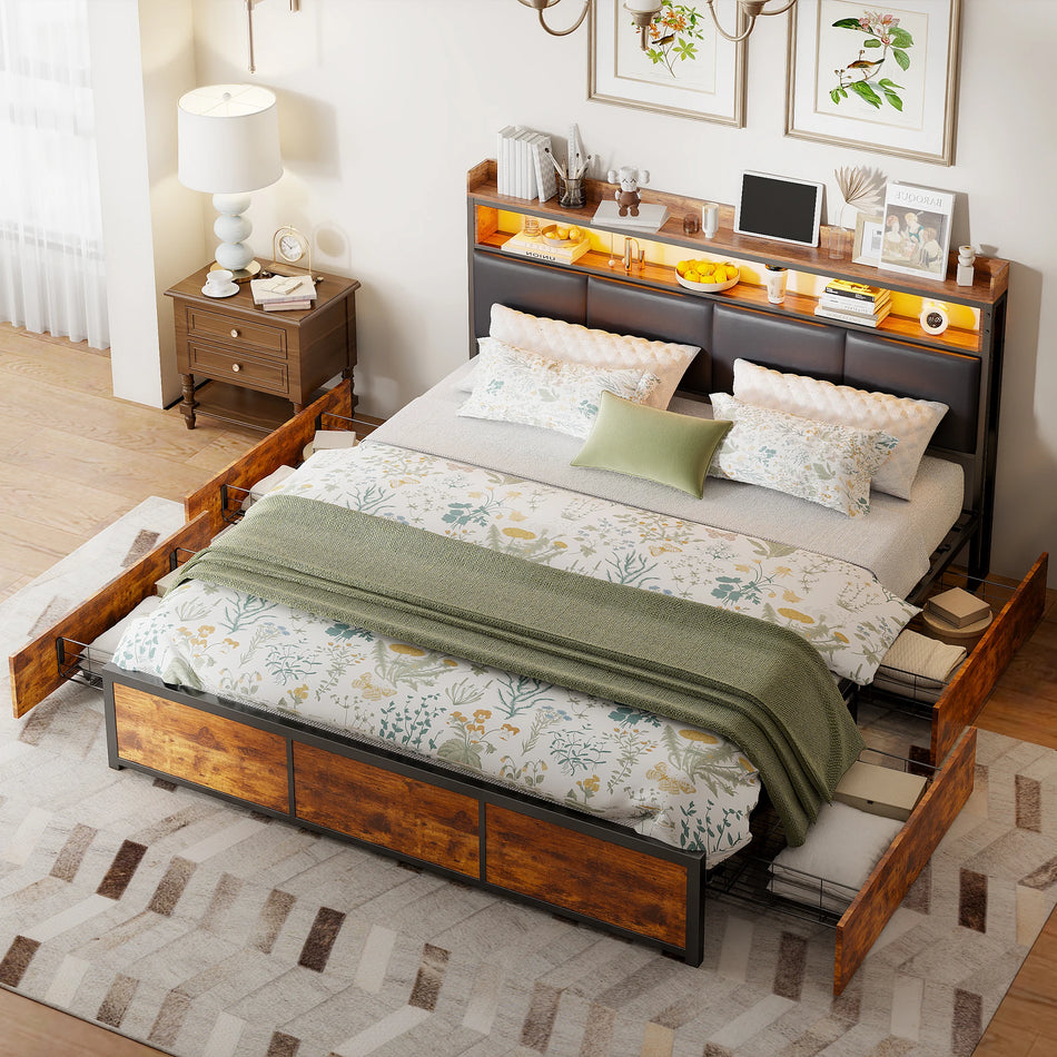 Urban Luxe Bed 140x200 With 4 Drawers Black LED Bar