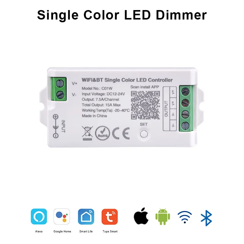 Tuya WiFi LED Controller Alexa Google Home Voice Control RGB RGBW CCT LED Strip Smart Controller APP BT RF Remote 2.4G DC12V-24V Single Color Dimmer