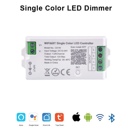 Tuya WiFi LED Controller Alexa Google Home Voice Control RGB RGBW CCT LED Strip Smart Controller APP BT RF Remote 2.4G DC12V-24V Single Color Dimmer