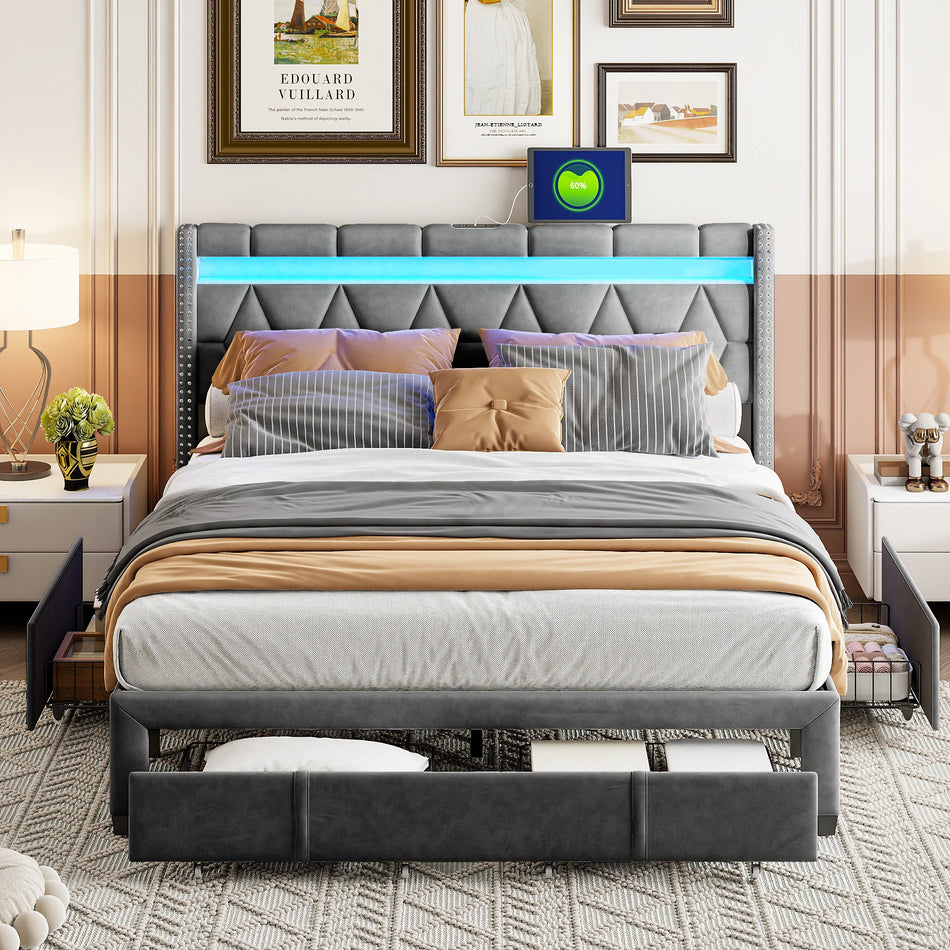 Urban Luxe Postelja 160x200 Letveno Okvir Shranjevanje Predali LED USB