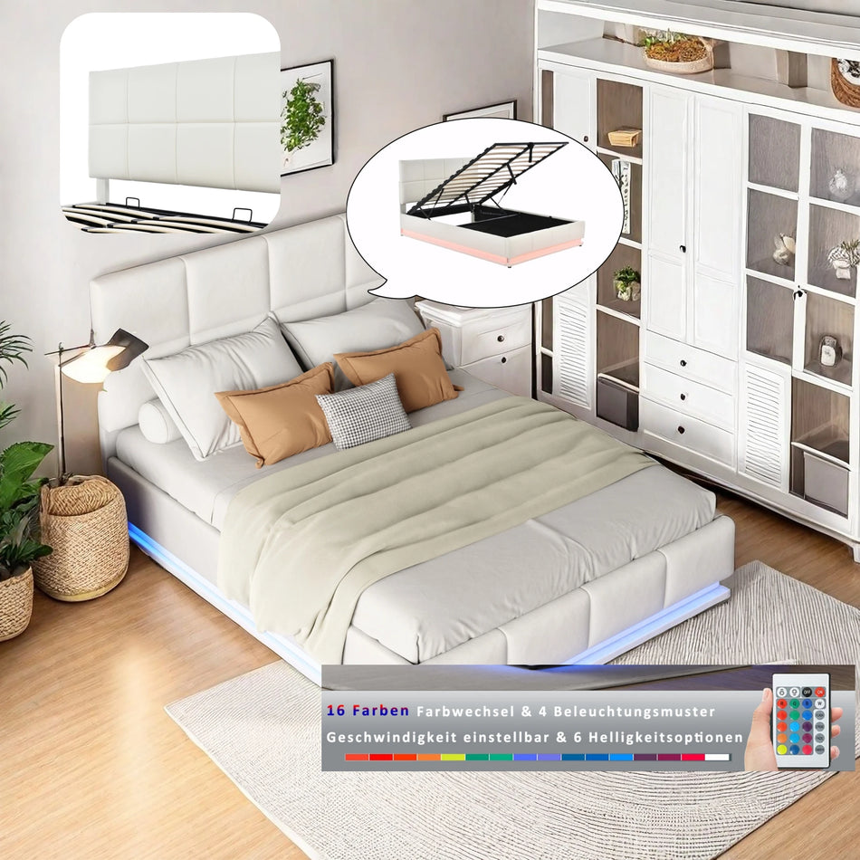 Oblazinjena PU postelja 140x200cm z shrambo Led bar bela