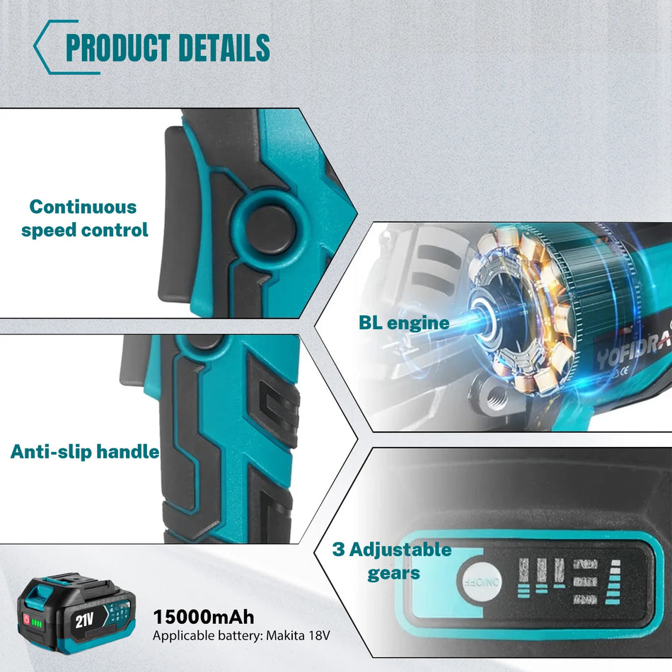 Bešepetė 1000W 125mm kampinė šlifuoklė 3 greičiai medienos apdirbimui