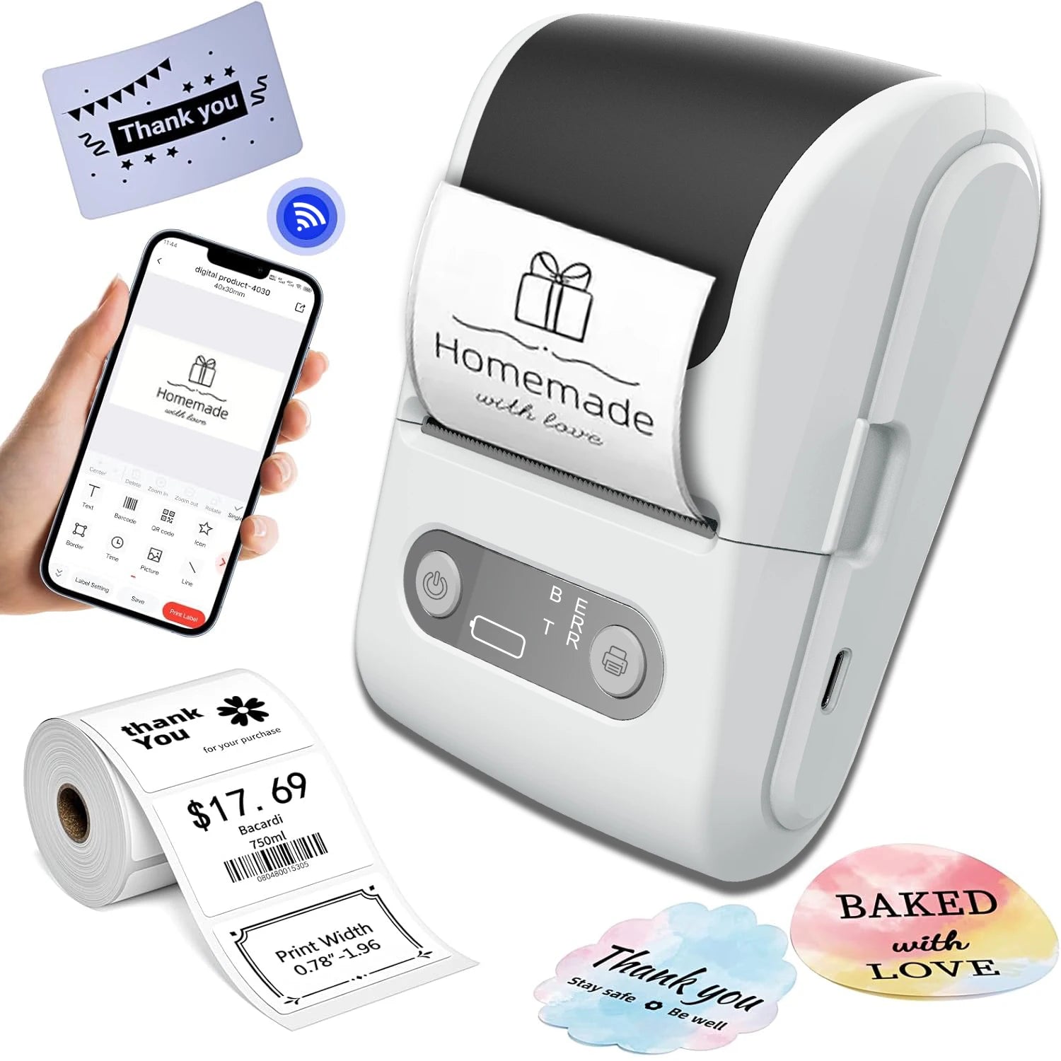 HZTZ Wireless Thermal Label Printer - Bluetooth Printing P1 White