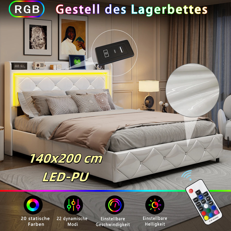 Urban Luxe Oblazinjena Postelja 140x200 LED Bar In Shranjevanje