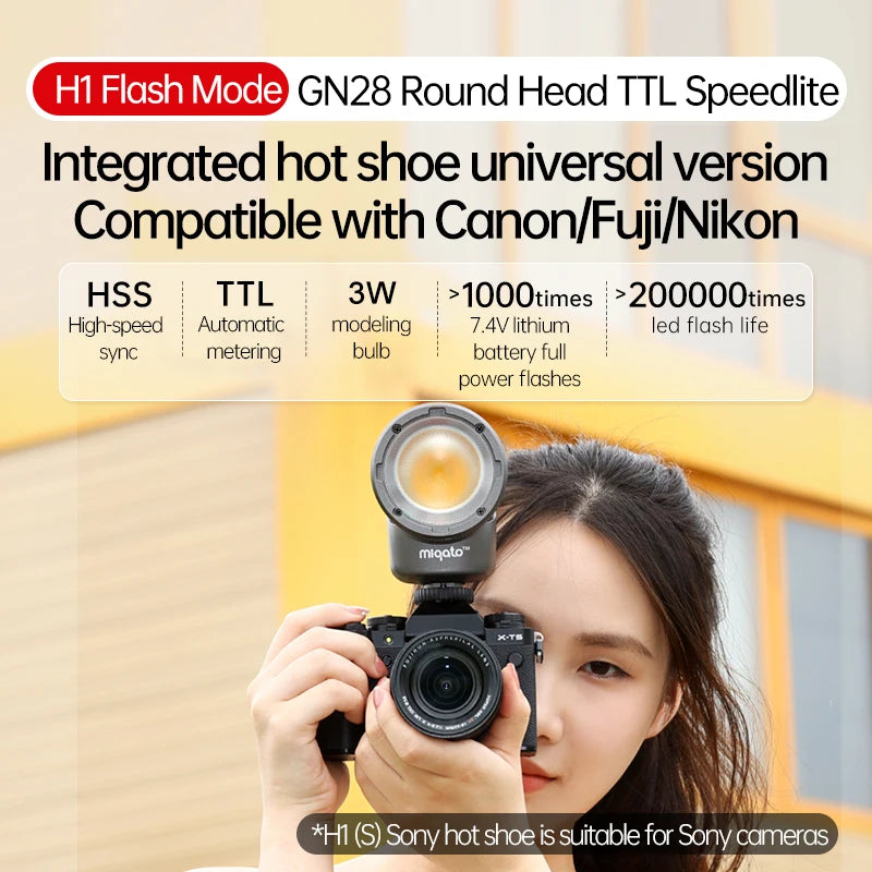 JINBEI H1 Round Head LED Speedlite - 2 in 1 Flash &amp; Video Light for Canon, Nikon, Sony