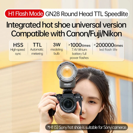 JINBEI H1 Round Head LED Speedlite - 2 in 1 Flash &amp; Video Light for Canon, Nikon, Sony