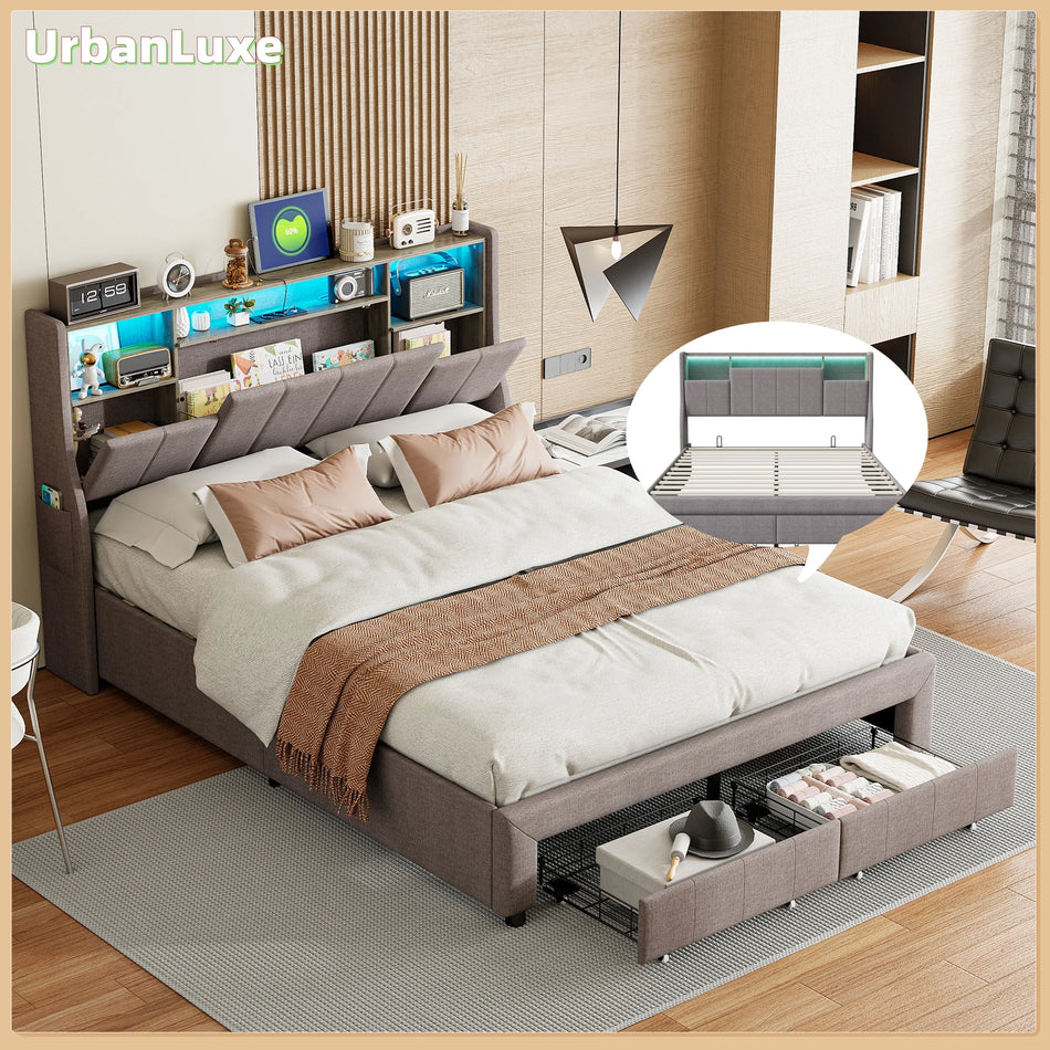 Urban Luxe Bed 140x200 With Slatted Frame 2 Drawers LED