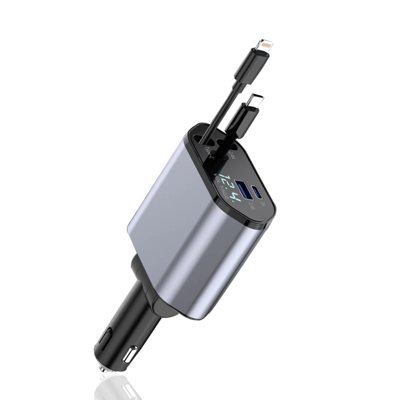 4 in 1 Retractable Car Charger Wired 120W &ndash; Super Fast Charging for Multiple Devices 4 in 1 Car charger