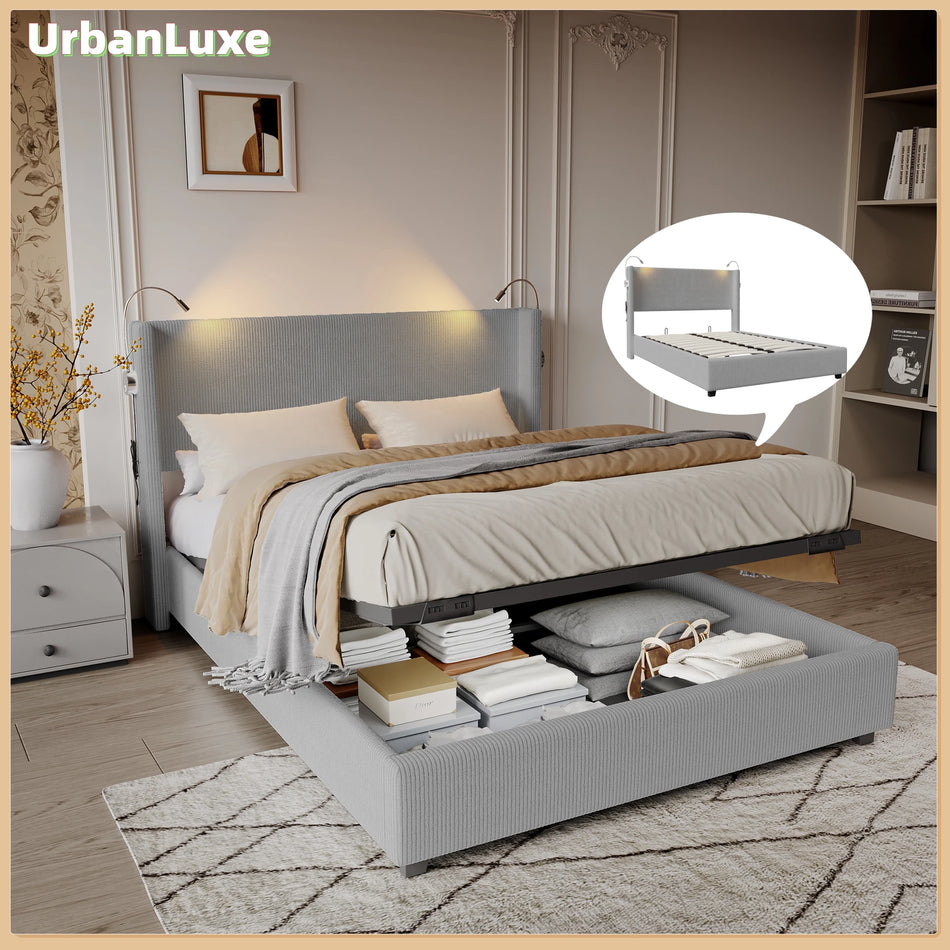 Urban Luxe Siva Postelja 140x200 Z Letvicami S Shranjevanjem