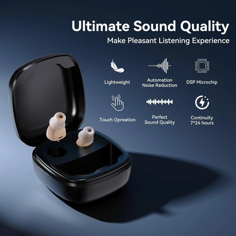 Gürültü Azaltmalı ve 3 Seviyeli Ses Kontrolüne Sahip Şarj Edilebilir CIC Görünmez İşitme Cihazları, Taşınabilir Kılıf