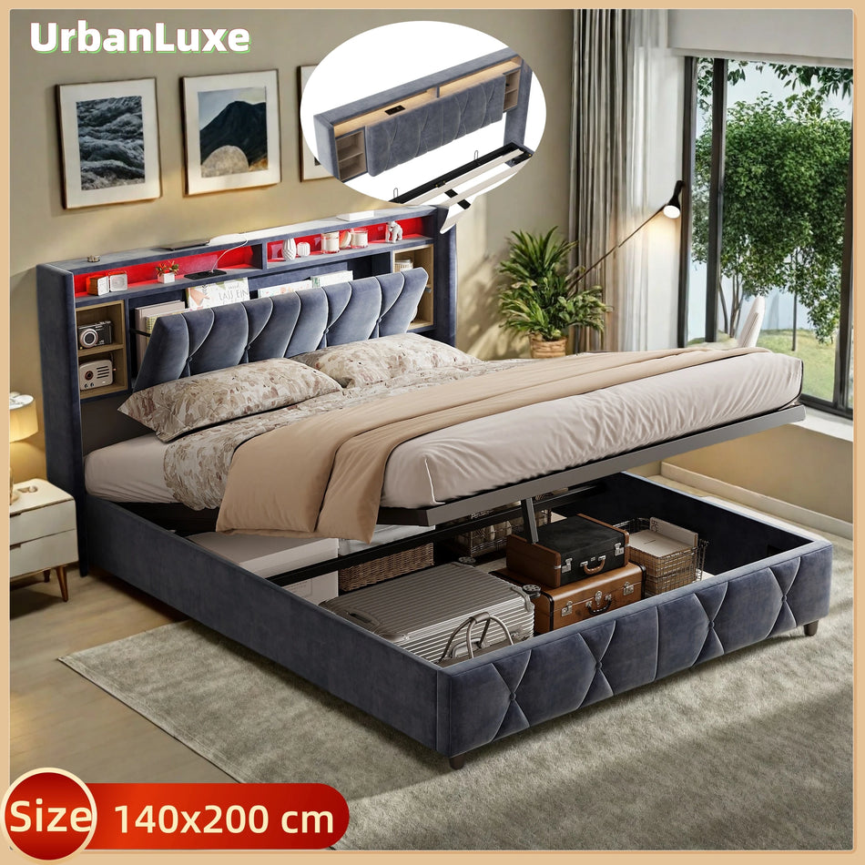 Urban Luxe Bed Rack 140x200 LED USB Velvet Gray Storage