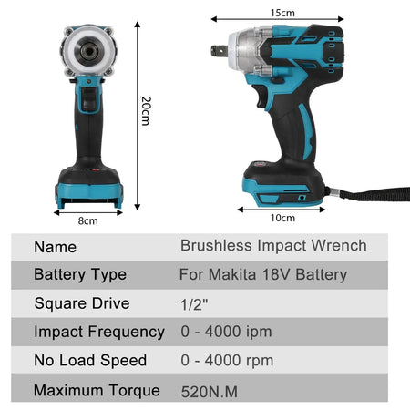 520 Nm Cordless Brushless Impact Driver for Makita 18V