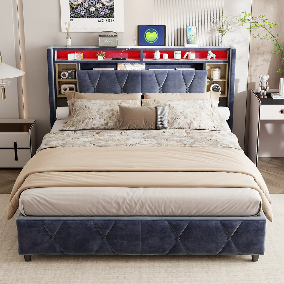 Urban Luxe Bed Rack 140x200 LED USB Velvet Gray Storage