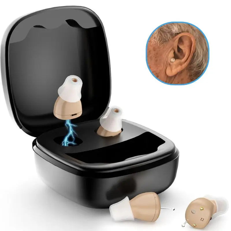 Gürültü Azaltmalı ve 3 Seviyeli Ses Kontrolüne Sahip Şarj Edilebilir CIC Görünmez İşitme Cihazları, Taşınabilir Kılıf