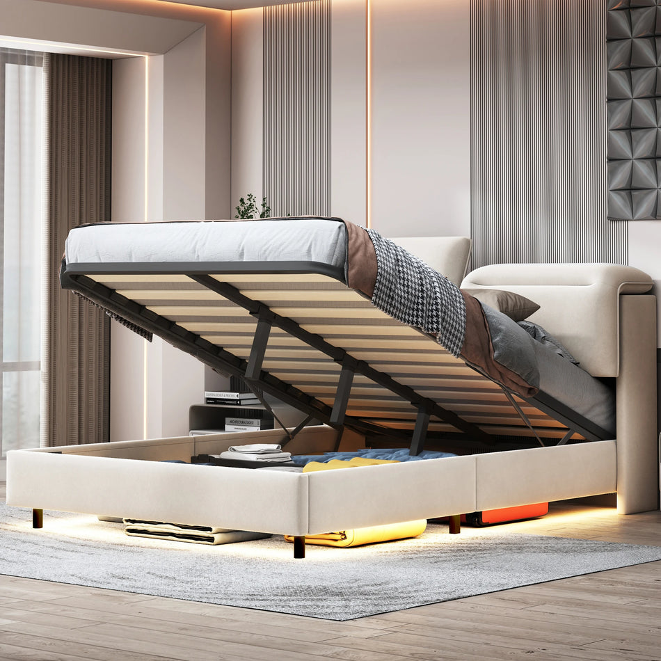 Urban Luxe Velvet Postelja 160x200 Z Zložljivim Shranjevanjem LED