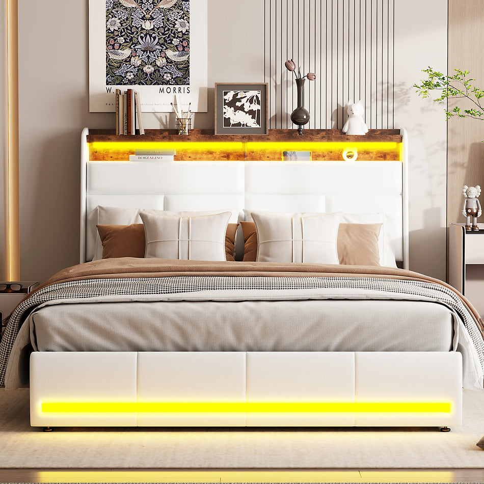 Urban Luxe 160x200 Postelja Z LED Lučmi In Shranjevanjem PU Bež