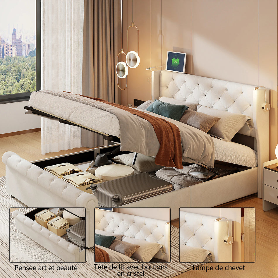 Urban Luxe Upholstery Bed 160x200 Velvet Beige USB Charger