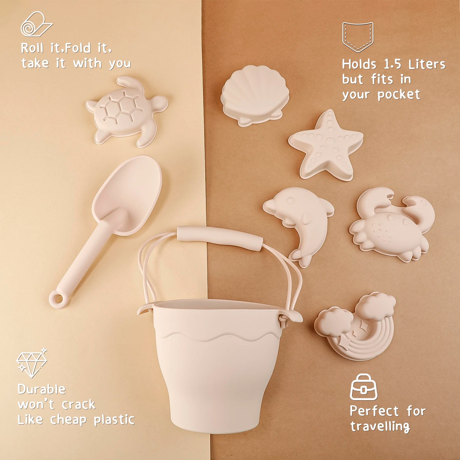 Silicone Beach Toy Set for Kids - 8 Piece Sand Play Set with Bucket and Fun Accessories for Outdoor Fun