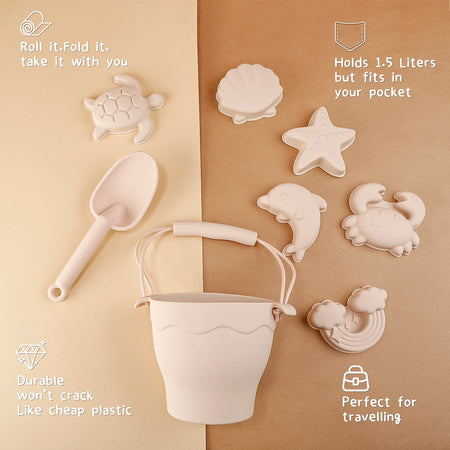 Silicone Beach Toy Set for Kids - 8 Piece Sand Play Set with Bucket and Fun Accessories for Outdoor Fun
