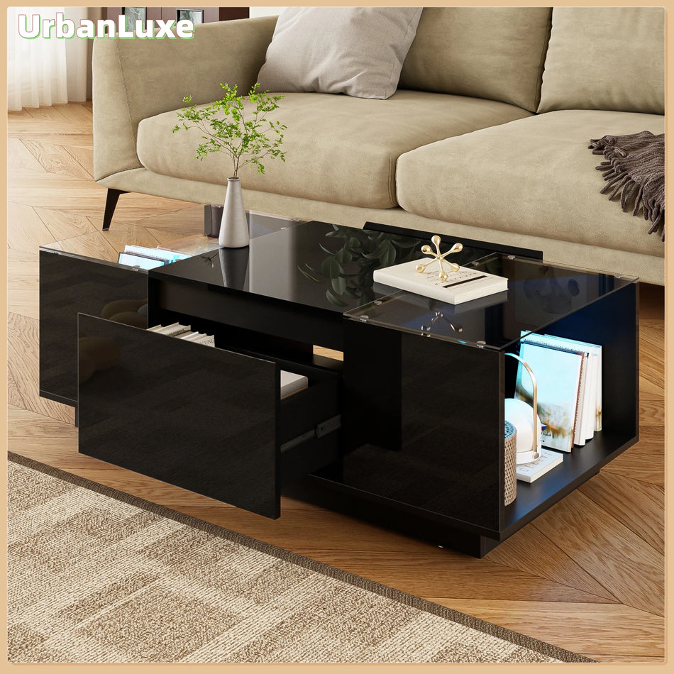 Urban Luxe Black Leather Coffee Table With 2 Drawers LED