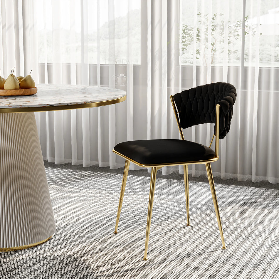 Велюровые плетеные круглые обеденные стулья с черными золотыми ножками