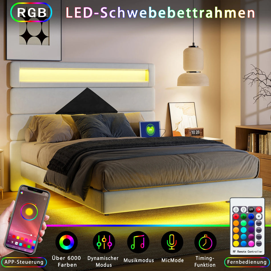 Cama 140x190 Estrutura de Ripas em Veludo Cabeceira LED USB Plus