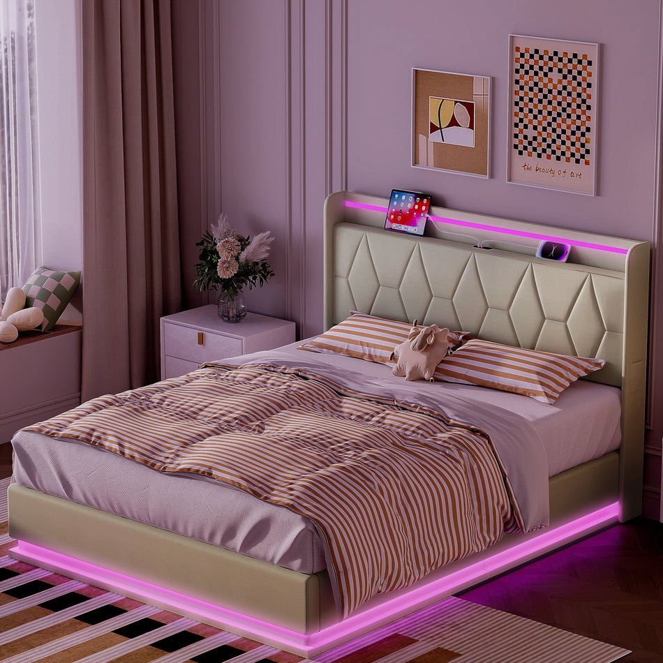 Urban Luxe 160x200 Postelja LED Bar USB Polnjenje Bela Shranjevanje