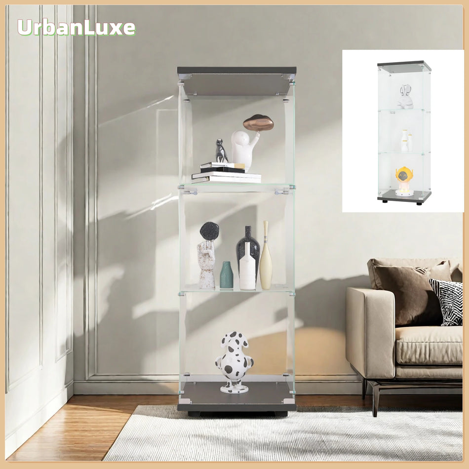 UrbanLuxe 3 Floor Glass Display Cabinet Black Minimalist