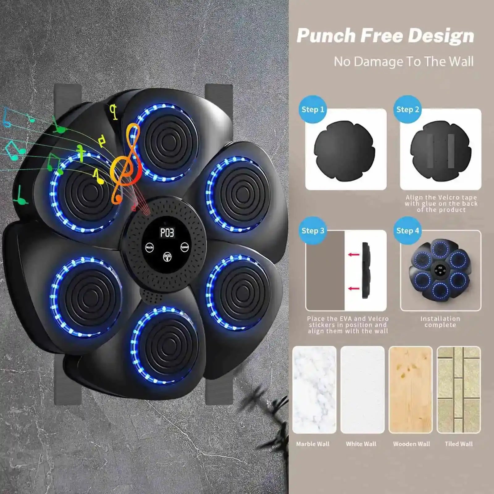 Smart Bluetooth Music Boxing Machine Gloves-9 Modes &amp; 9-Speed Training,Auto Color-Change Hit Counter Home Gym/Office,Adults&amp;Kids