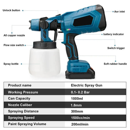 Cordless HVLP Paint Sprayer 1000ml For Makita 18V Battery