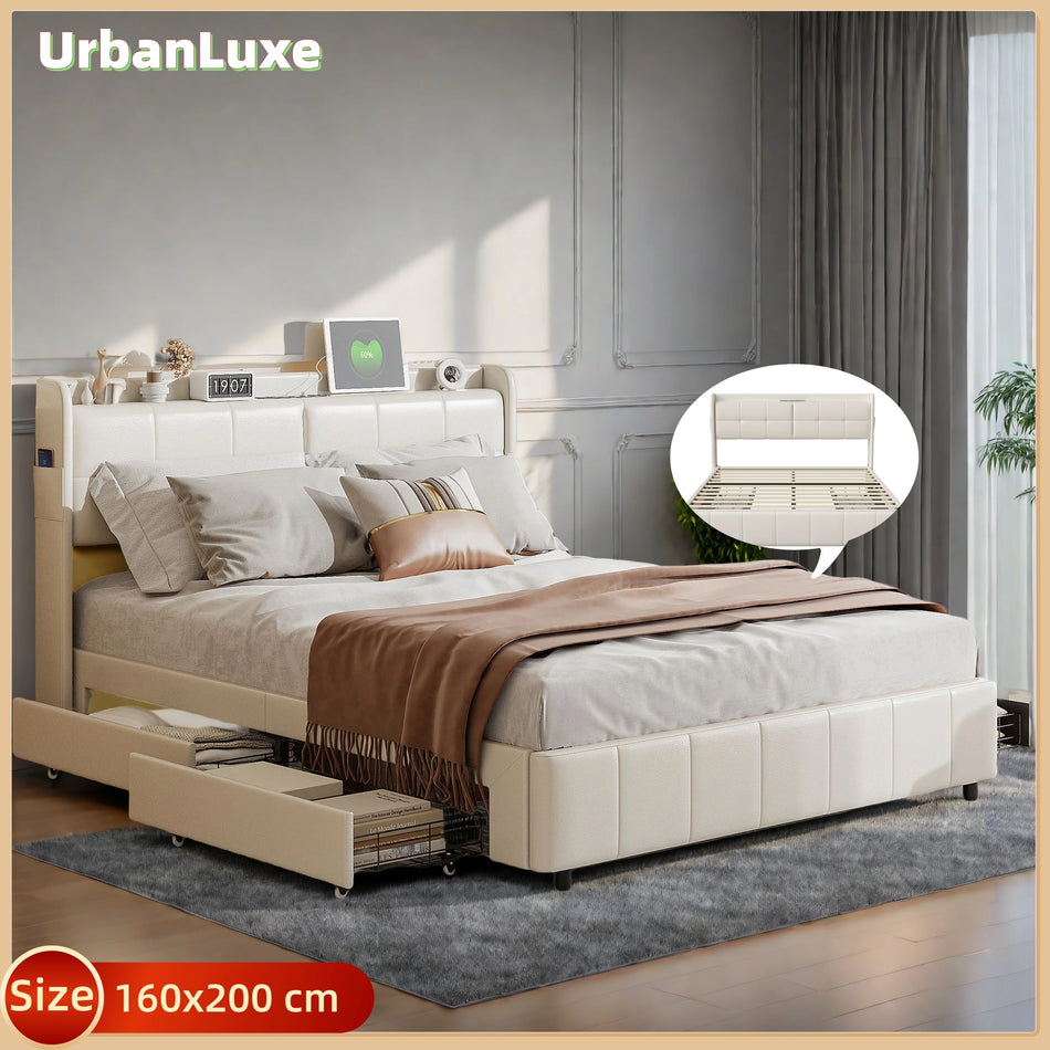 Łóżko Urban Luxe 160x200 cm z ramą z listew, szufladami, ładowarką USB