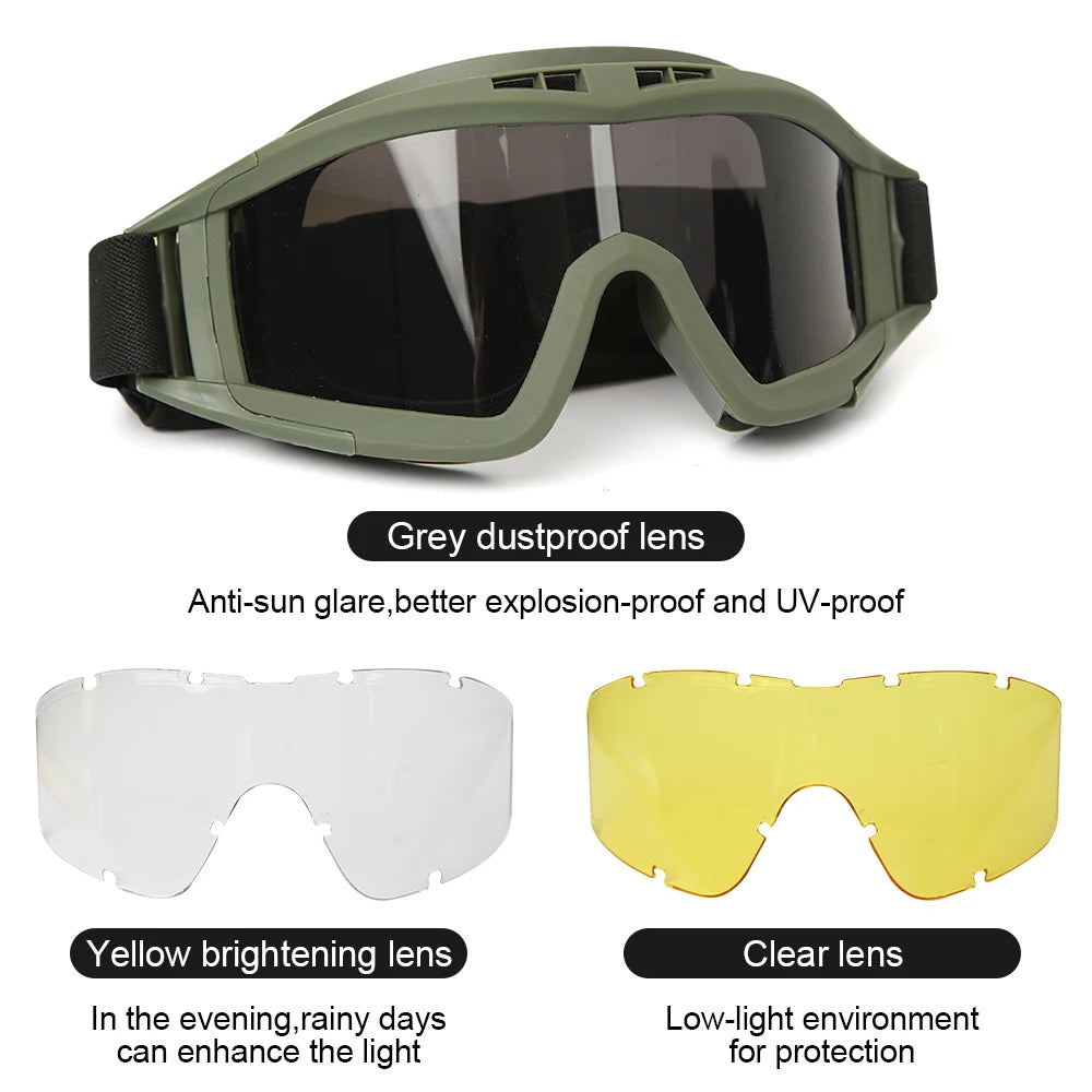 Tactical Goggles with 3 Interchangeable Lenses, Windproof Dustproof Safety Glasses for Outdoor Climbing Sport Protective Eyewear