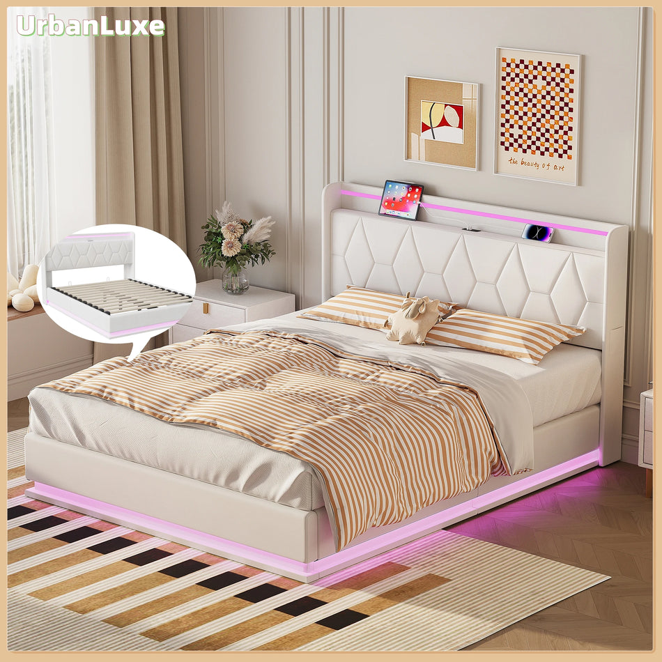 Urban Luxe 160x200 Postelja LED Bar USB Polnjenje Bela Shranjevanje