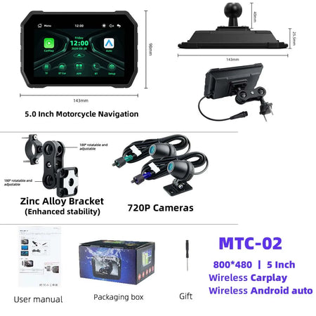 EVKEY 5.0inch Navigation Motorcycle Dual TB Carplay Display Screen &ndash; Wireless CarPlay and Android Auto Support MTC-02-DVR