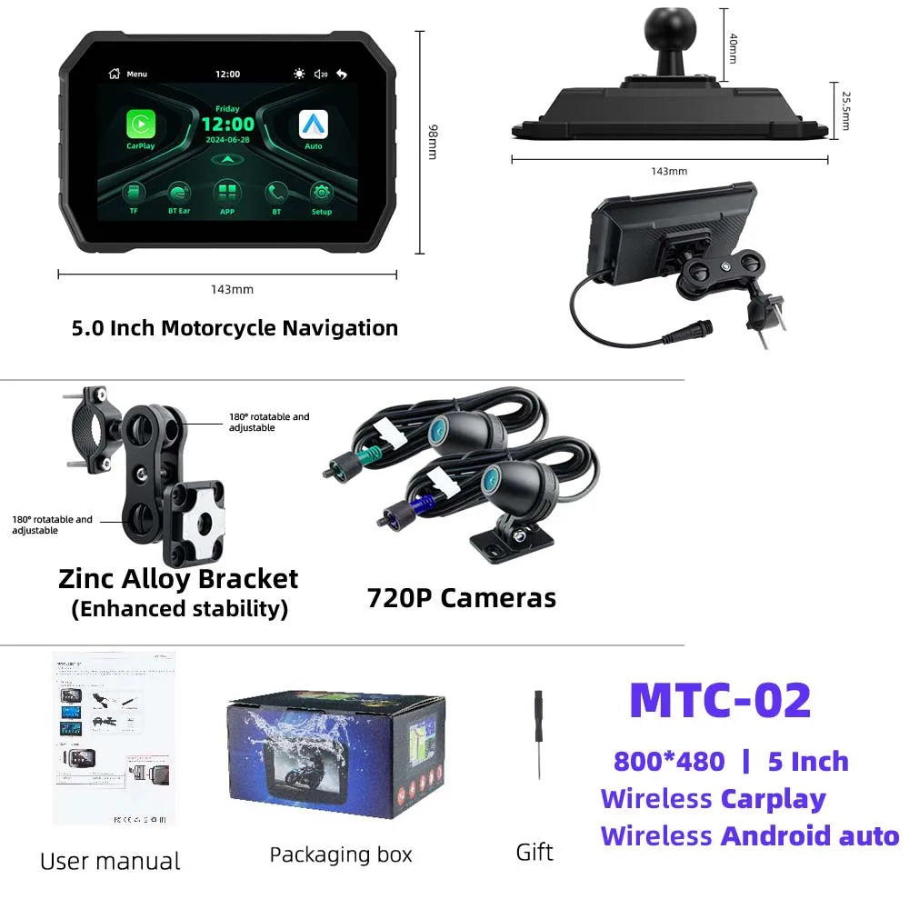 EVKEY Navigation Motorcycle 5 Inch Wireless Carplay Display Screen &ndash; Wireless Android Auto Monitor MTC-02-DVR