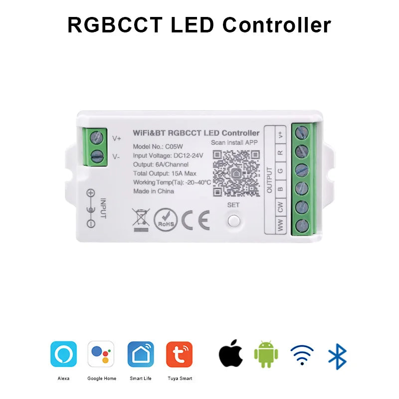 Tuya WiFi LED Controller Alexa Google Home Voice Control RGB RGBW CCT LED Strip Smart Controller APP BT RF Remote 2.4G DC12V-24V RGBCCT Controller